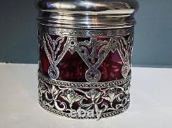 1903 G E Walton & Co Ltd Silver Lidded Vanity Jar With Cranberry Glass Liner