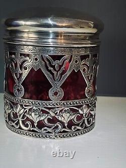 1903 G E Walton & Co Ltd Silver Lidded Vanity Jar With Cranberry Glass Liner