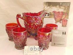 2004 Fenton RED CARNIVAL Founder's Water Set Pitcher & Tumbler 4 Glasses Flowers