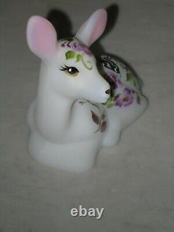 2020 Fenton Glass HP Butterfly And Blossoms On Opal Satin Fawn Deer Figurine Le