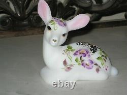 2020 Fenton Glass HP Butterfly And Blossoms On Opal Satin Fawn Deer Figurine Le