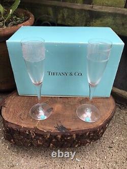 20th Century pair of Tiffany & Co champagne flutes engraved glasses boxed unused