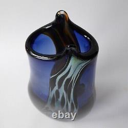 Allister Malcolm Vortex art glass blue swirl vase signed AM. Handmade cased 8.5