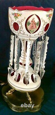 Antique Bohemian 18 Mantle Luster Lamp. White Cut-to-Cranberry, Crystal Prisms