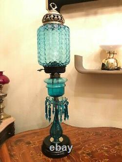 Antique Limited Edition Kerosene Lamp Blue Crystal Glass Hinks & Son 74 cm Tall