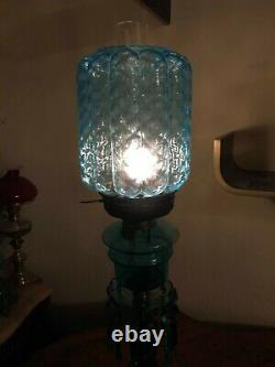 Antique Limited Edition Kerosene Lamp Blue Crystal Glass Hinks & Son 74 cm Tall