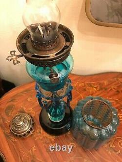 Antique Limited Edition Kerosene Lamp Blue Crystal Glass Hinks & Son 74 cm Tall