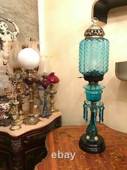 Antique Limited Edition Kerosene Lamp Blue Crystal Glass Hinks & Son 74 cm Tall