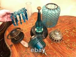 Antique Limited Edition Kerosene Lamp Blue Crystal Glass Hinks & Son 74 cm Tall