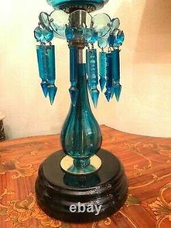 Antique Limited Edition Kerosene Lamp Blue Crystal Glass Hinks & Son 74 cm Tall