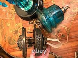 Antique Limited Edition Kerosene Lamp Blue Crystal Glass Hinks & Son 74 cm Tall