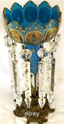 Antique Moser 15Mantle Luster Lamp, Blue & Gold with Ormolu Base & Enameled Panels