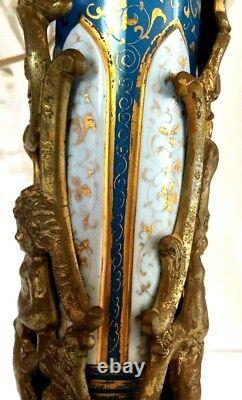 Antique Moser 15Mantle Luster Lamp, Blue & Gold with Ormolu Base & Enameled Panels