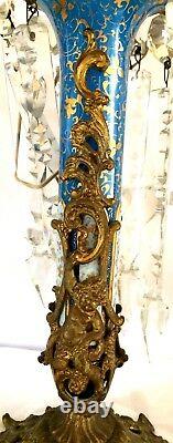 Antique Moser 15Mantle Luster Lamp, Blue & Gold with Ormolu Base & Enameled Panels