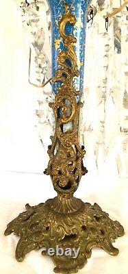 Antique Moser 15Mantle Luster Lamp, Blue & Gold with Ormolu Base & Enameled Panels