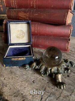 Antique Occult Two Worlds Ltd Crystal Ball Leather Cased W Stand Fortune Teller