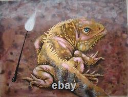 Art painting canvas figurative decorative modern acrylic animals iguana reptile
