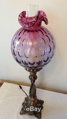 Beautiful Fenton Art Glass Mulberry Coin Dot Optics Pillar Lamp