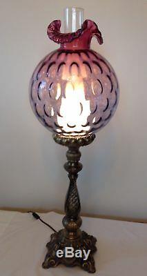 Beautiful Fenton Art Glass Mulberry Coin Dot Optics Pillar Lamp