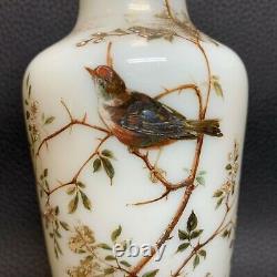 C 1880 Marked Bohemian Vaselin HARRACH Opaline Vase Gilt Enamel Birds & Flora