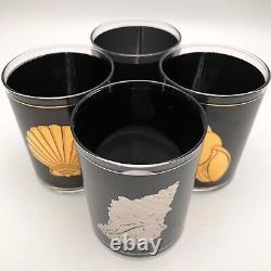 Culver Barware Sea Shells 22Kt Gold Lowball Whiskey Glasses 4pc Set USA 4 Tall