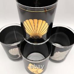 Culver Barware Sea Shells 22Kt Gold Lowball Whiskey Glasses 4pc Set USA 4 Tall