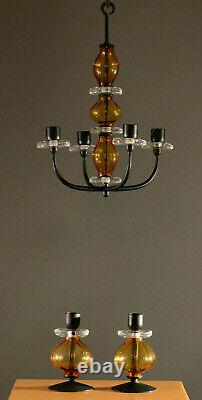 Erik Hoglund Iron and Amber Glass Candle Holders BODA Sweden 60s