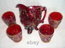 FENTON Limited Ed Founder's 5 Pc Water Set Red Carnival Glass Pitcher & Tumblers