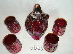 FENTON Limited Ed Founder's 5 Pc Water Set Red Carnival Glass Pitcher & Tumblers