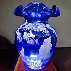 FENTON MARY GREGORY COBALT BLUE VASE WithGIRL & CAT/BIRD SIGNED FENTON & ARTIST