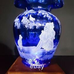 FENTON MARY GREGORY COBALT BLUE VASE WithGIRL & CAT/BIRD SIGNED FENTON & ARTIST