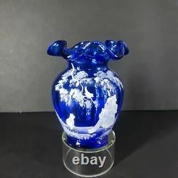 FENTON MARY GREGORY COBALT BLUE VASE WithGIRL & CAT/BIRD SIGNED FENTON & ARTIST