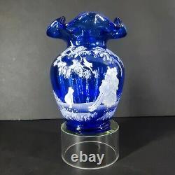 FENTON MARY GREGORY COBALT BLUE VASE WithGIRL & CAT/BIRD SIGNED FENTON & ARTIST