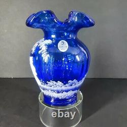 FENTON MARY GREGORY COBALT BLUE VASE WithGIRL & CAT/BIRD SIGNED FENTON & ARTIST