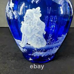 FENTON MARY GREGORY COBALT BLUE VASE WithGIRL & CAT/BIRD SIGNED FENTON & ARTIST