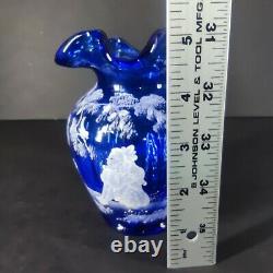 FENTON MARY GREGORY COBALT BLUE VASE WithGIRL & CAT/BIRD SIGNED FENTON & ARTIST