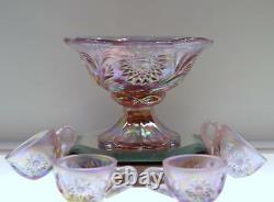 FENTON PUNCH BOWL Mini 5pc Rose Pearl HOBSTAR & FEATHER 6800 DN