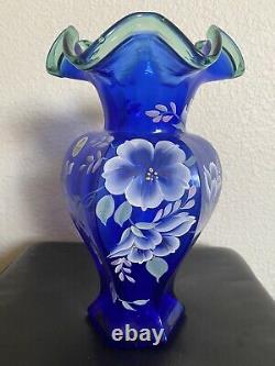 Fenton 75th anniversary Celebration Vase Hand Painted & signed Bill Fenton Blue