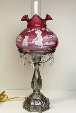 Fenton #99 Of #950 Cranberry Mary Gregory Lamp Boy And Dog Bubb Playing