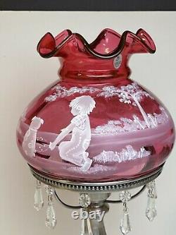 Fenton #99 Of #950 Cranberry Mary Gregory Lamp Boy And Dog Bubb Playing