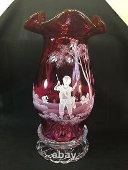 Fenton Art Glass Hand Painted Mary Gregory Cranberry Hurricane Lamp LTD