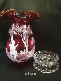 Fenton Art Glass Hand Painted Mary Gregory Cranberry Hurricane Lamp LTD