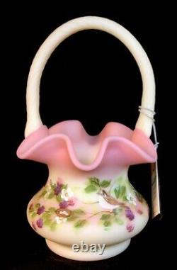 Fenton Art Glass Hand Painted Song Sparrow Burmese Basket Connoisseur Collection