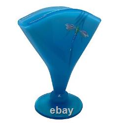 Fenton Art Glass Limited Edition Peking Blue Fan Vase Painted Dragonfly 134/450