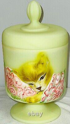 Fenton Glass 2015 Ltd Edition CHESSIE CAT BOX YELLOW CAT withFLOWERS 1/3 Burton