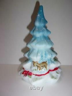 Fenton Glass Blue Woodland Deer Log Cabin Christmas Tree Figurine Ltd Ed #40/45