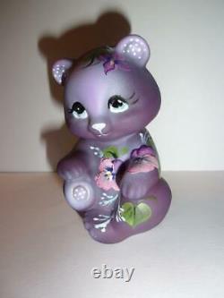 Fenton Glass Eggplant Purple Violets Pansies Bear Figurine Ltd Ed M Kibbe #4/11