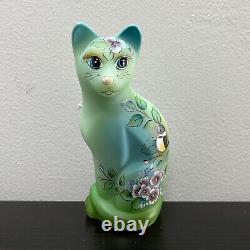 Fenton Glass Jadeite Green Stylized Whimsy Cat w Spring Bird Ltd Ed #31/33