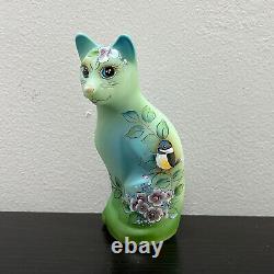 Fenton Glass Jadeite Green Stylized Whimsy Cat w Spring Bird Ltd Ed #31/33