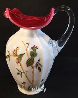 Fenton Hand Painted Asian Garden Milk Glass With Peach Crest Pitcher LIMITED